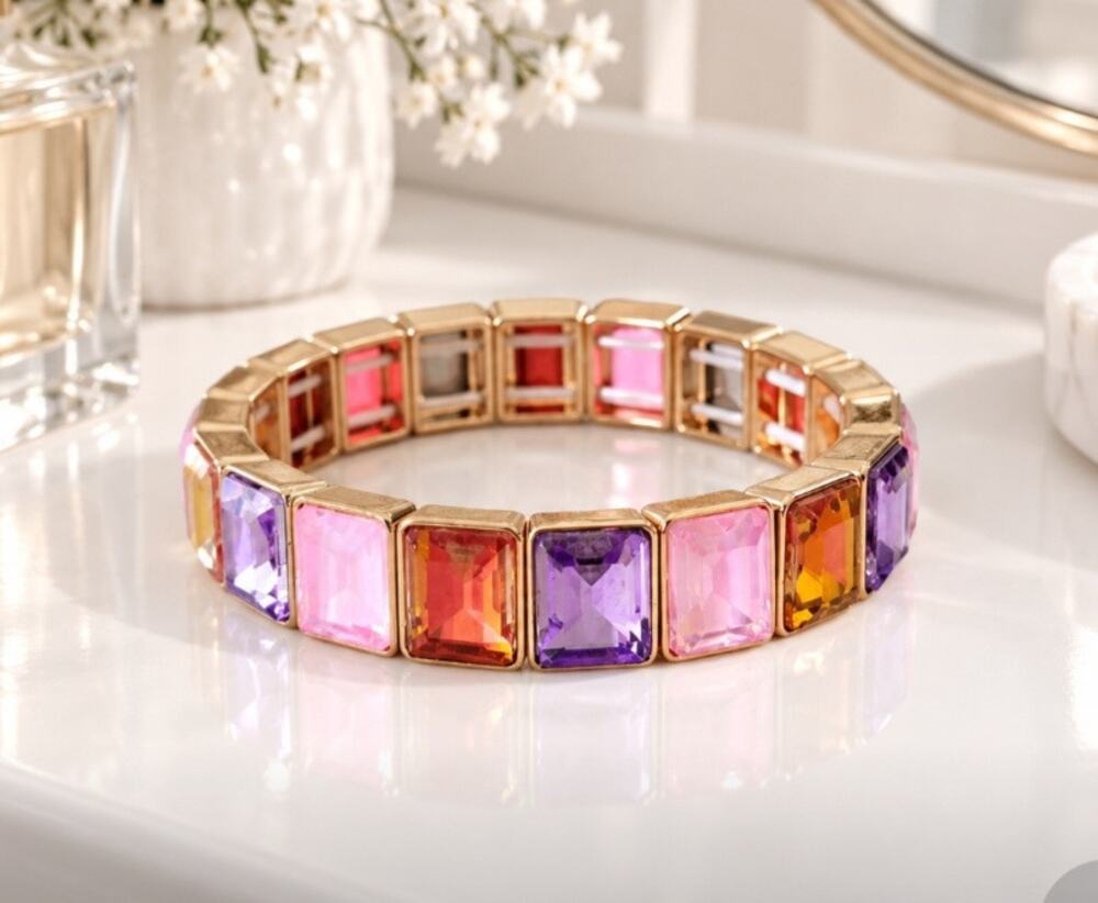 Gold Glass AB Stone Pink Fall Stretch Bracelet New